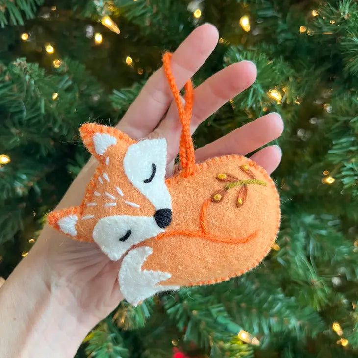 Sleeping Fox Embroidered Wool Ornament